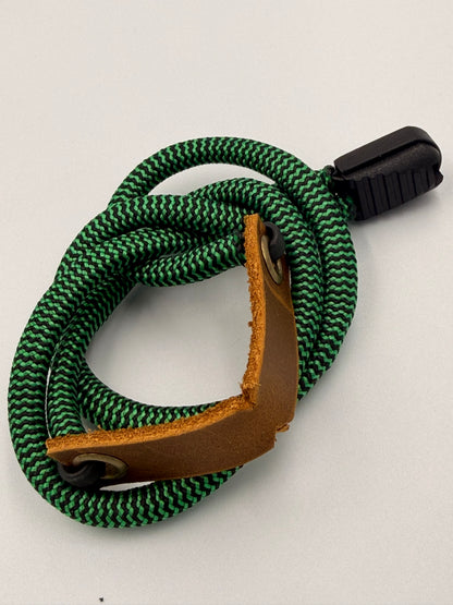 Green Paracord Bracelet - EDC Frameless Slingshot - Genuine Leather