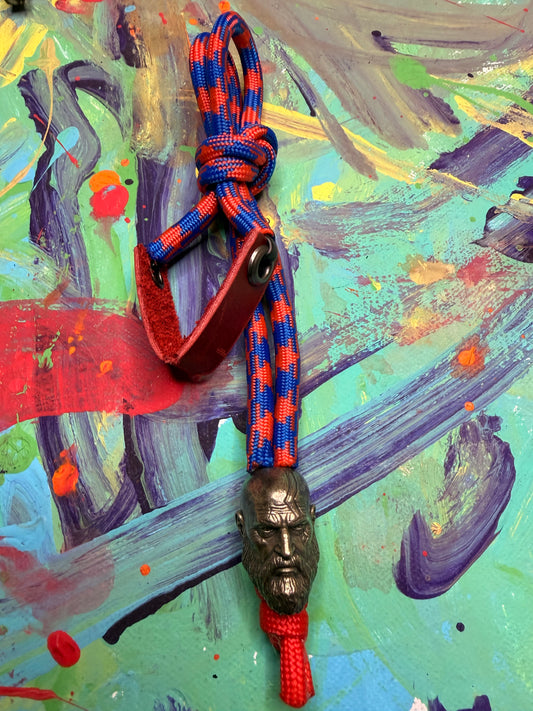 Blue & Red Paracord EDC - Frameless Slingshot w/ Kratos Charm - Red Leather