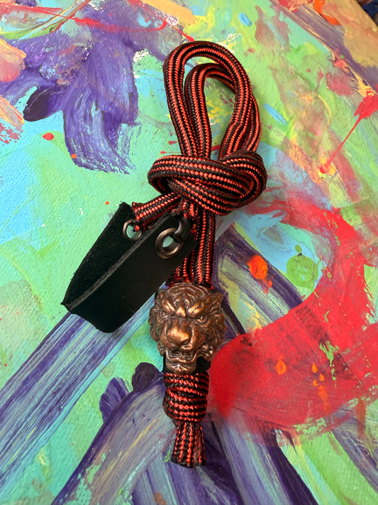 Red & Black Paracord EDC - Frameless Slingshot w/ Tiger Charm - Black Leather