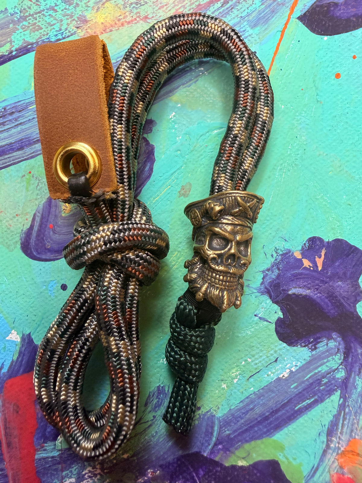 Dark Camo Paracord EDC - Frameless Slingshot w/ Pirate Skull Charm- Genuine Leather