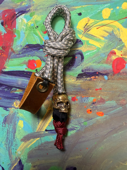 Gray & White Paracord EDC - Frameless Slingshot w/ jawless Skull Charm - Genuine Leather