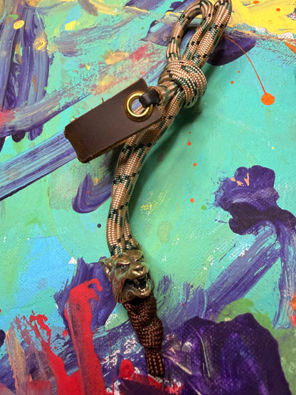 Tan & Green Paracord EDC - Frameless Slingshot w/ Wolf Charm - Brown Leather