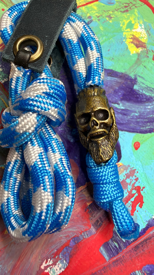 Blue & White Paracord EDC - Frameless Slingshot w/ Viking Skull Charm - Blue Leather