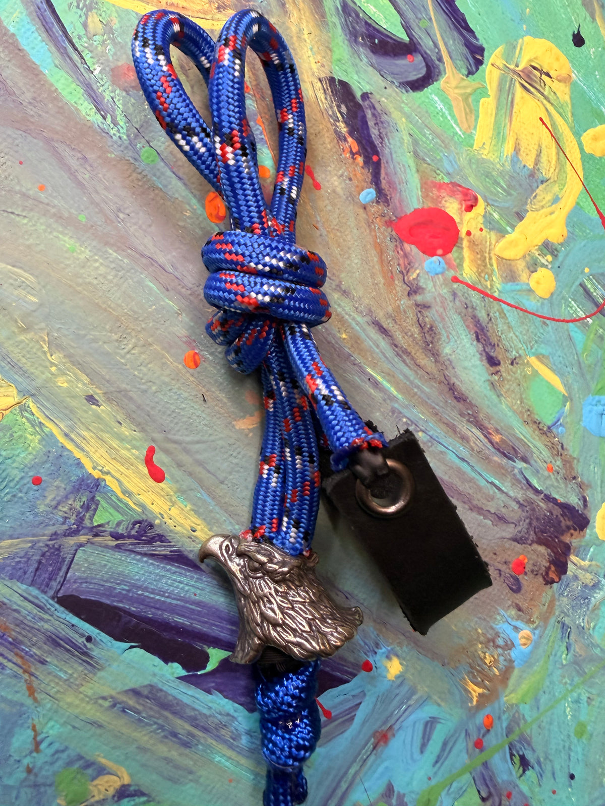 Blue Red & White Paracord EDC - Frameless Slingshot w/ Eagle Head - Black Leather