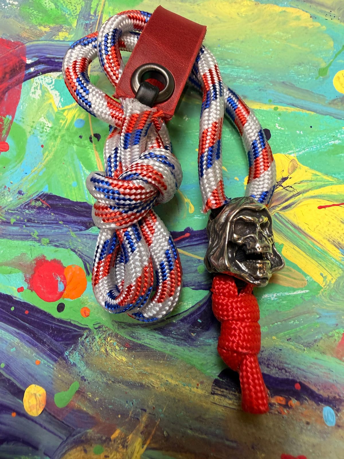 Red White & Blue Paracord EDC - Frameless Slingshot w/ Reaper Charm - Red Leather