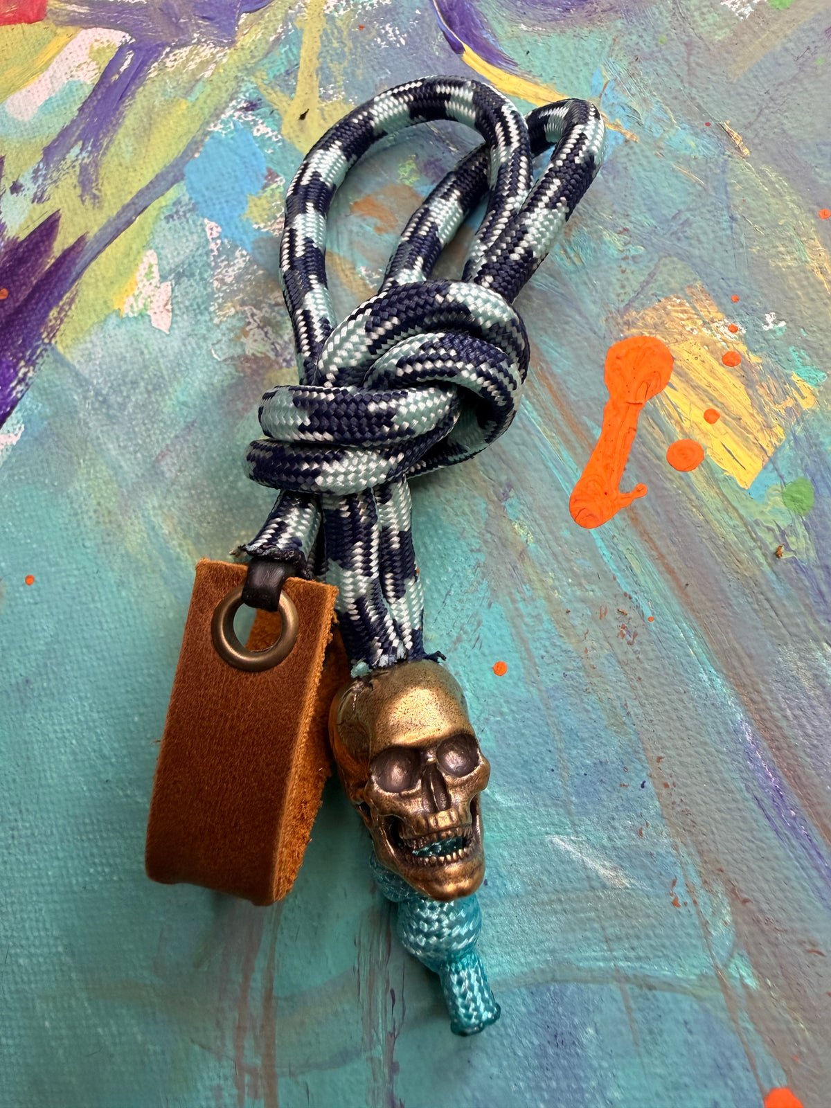 Navy & Sky Blue Paracord EDC - Frameless Slingshot w/ Skull Charm - Genuine Leather