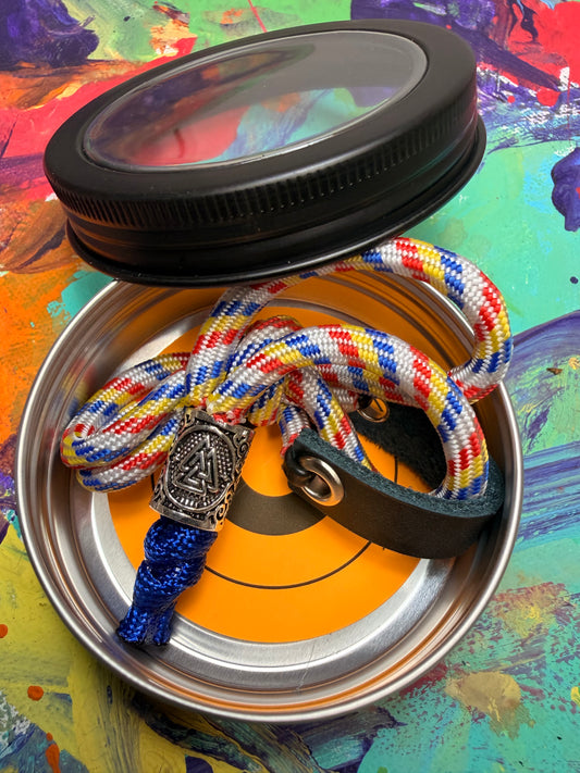 Red Blue & Yellow Paracord EDC - Frameless Slingshot w/ Nordic Charm - Blue Leather