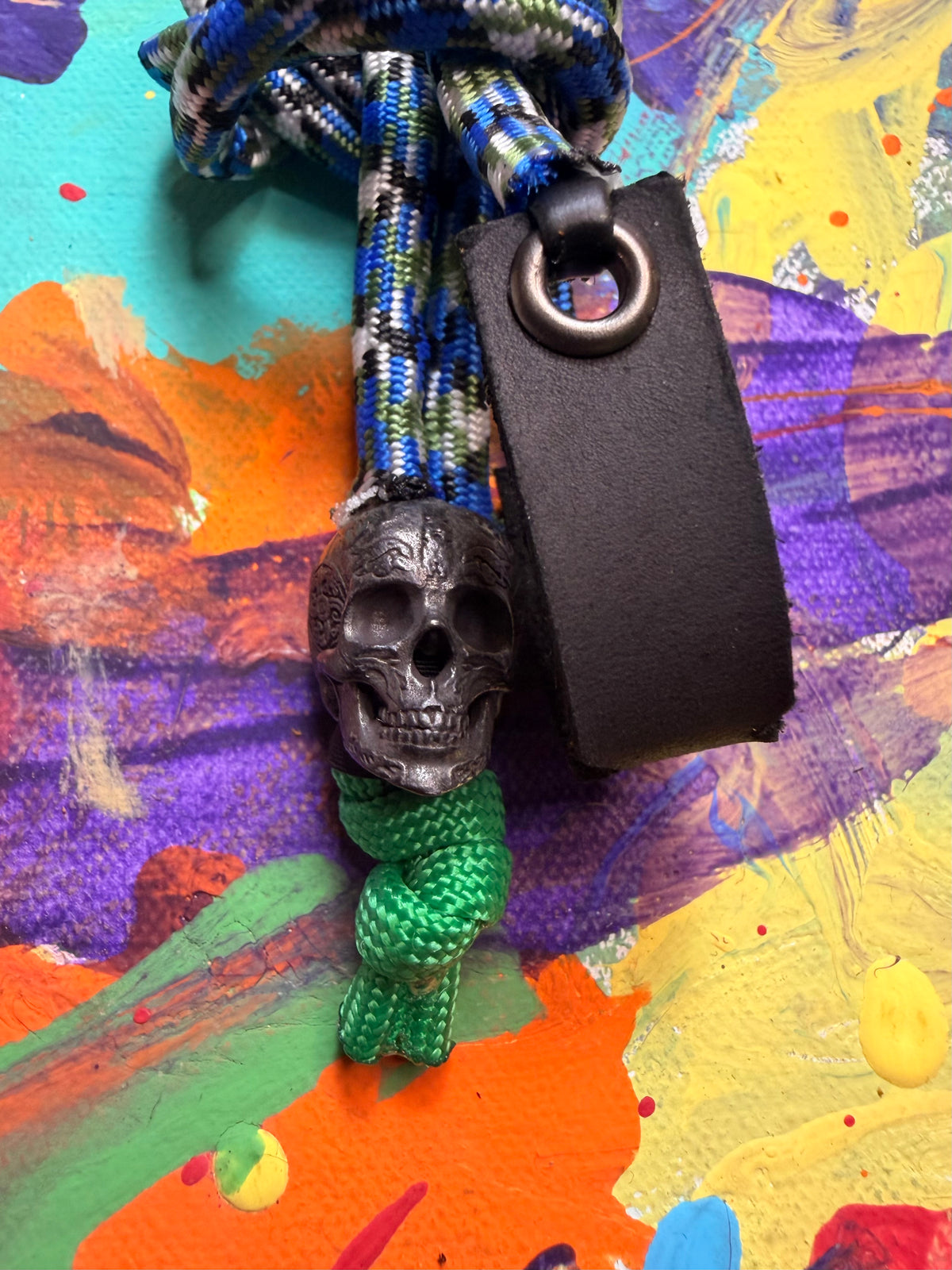Blue & Green Paracord EDC - Frameless Slingshot w/ Black Skull Charm- Black Leather