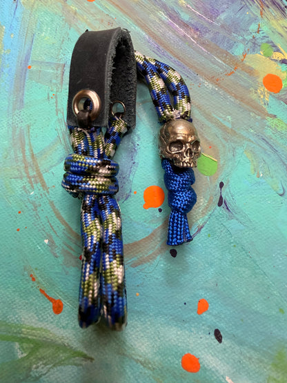 Blue & Green Paracord EDC - Frameless Slingshot w/ jawless Skull Charm - Blue Leather