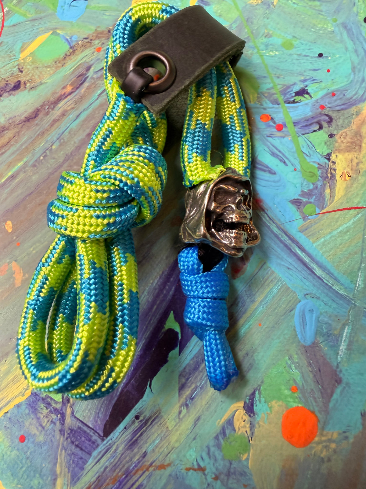 Neon Green & Blue Paracord EDC - Frameless Slingshot w/ Reaper Charm - Green Leather