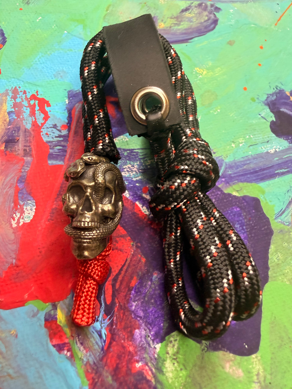 Black & Red Paracord EDC - Frameless Slingshot w/ Skull Charm- Black Leather