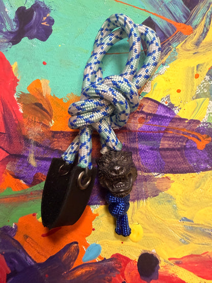 Blue & White Paracord EDC - Frameless Slingshot w/ Jaguar Charm - Black Leather