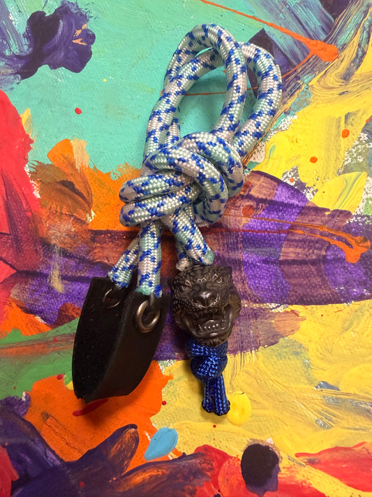 Blue & White Paracord EDC - Frameless Slingshot w/ Jaguar Charm - Black Leather