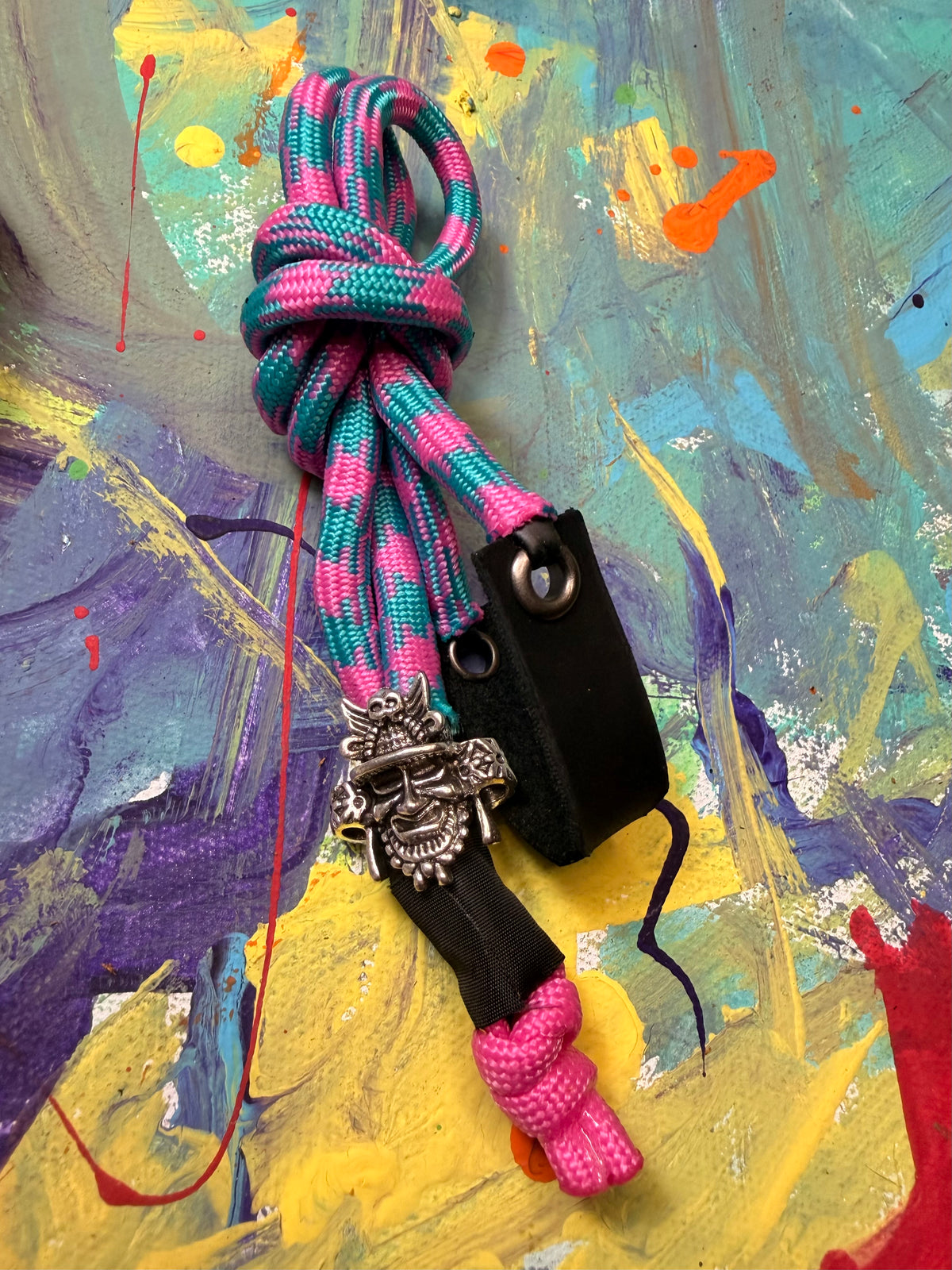 Pink & Blue Paracord EDC - Frameless Slingshot w/ Warrior Charm - Black Leather