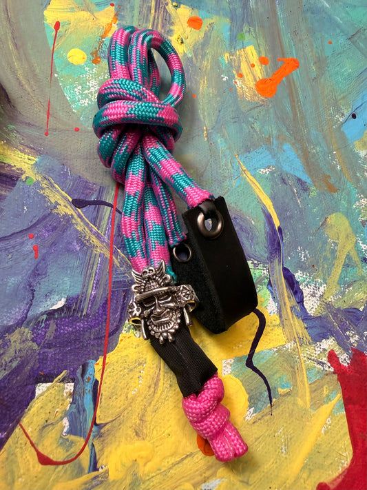 Pink & Blue Paracord EDC - Frameless Slingshot w/ Warrior Charm - Black Leather