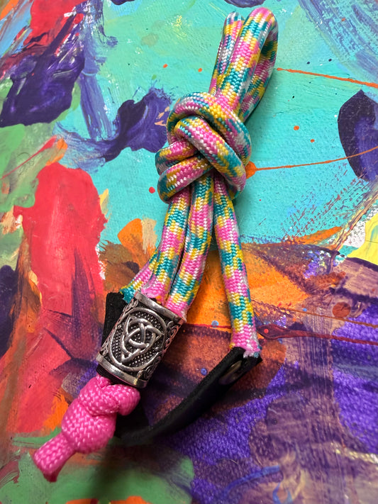 Pink & Green Paracord EDC - Frameless Slingshot w/ Nordic Charm - Black Leather