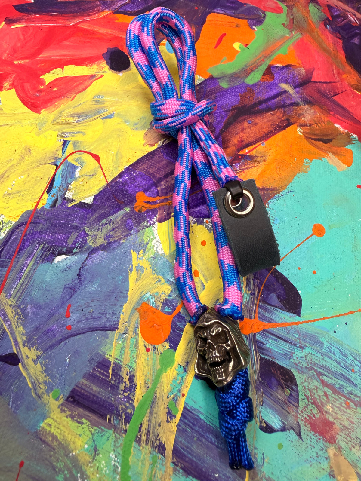 Blue & Pink Paracord EDC - Frameless Slingshot w/ Skeletor Charm- Blue Leather