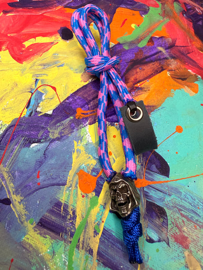 Blue & Pink Paracord EDC - Frameless Slingshot w/ Skeletor Charm- Blue Leather