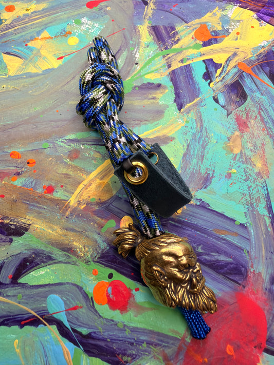 Blue Camo Paracord EDC - Frameless Slingshot w/ Large Orc Head - Blue Leather