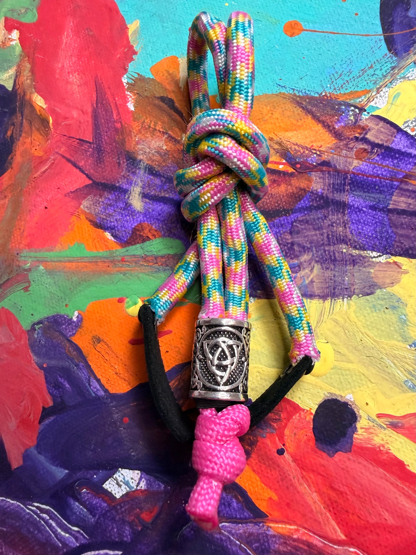 Pink & Green Paracord EDC - Frameless Slingshot w/ Nordic Charm - Black Leather