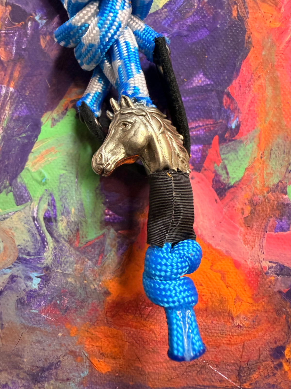 Blue & White Paracord EDC - Frameless Slingshot w/ Horse Charm - Black Leather