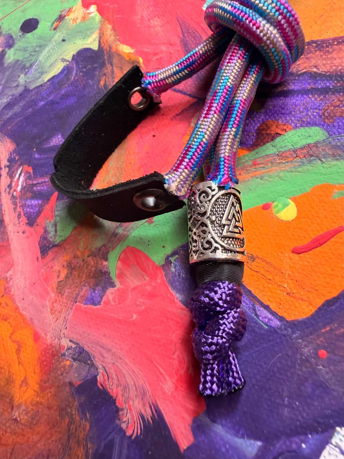 Purple & Pink Paracord EDC - Frameless Slingshot w/ Nordic Charm - Black Leather