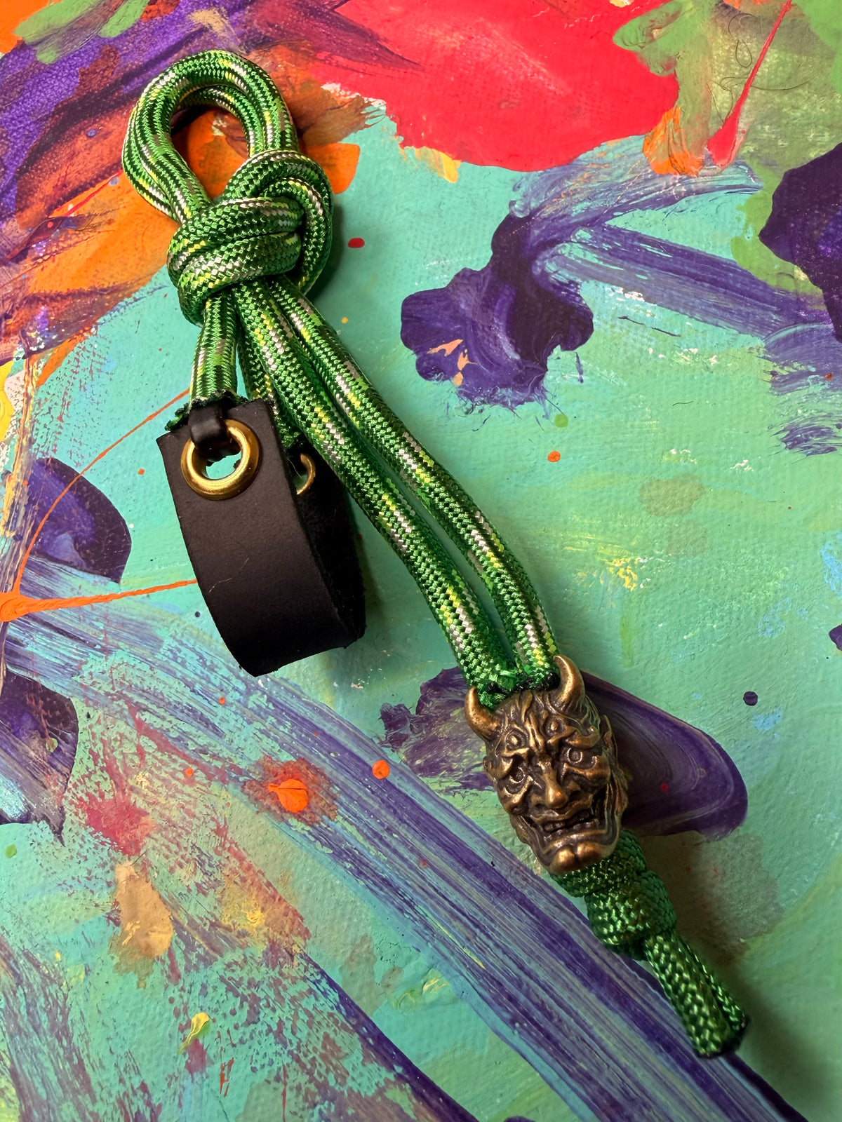**Elliott Custom** Lime Green Paracord EDC - Frameless Slingshot w/ Horned Mask Charm - Black Leather