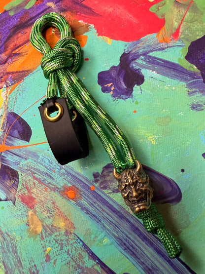 **Elliott Custom** Lime Green Paracord EDC - Frameless Slingshot w/ Horned Mask Charm - Black Leather
