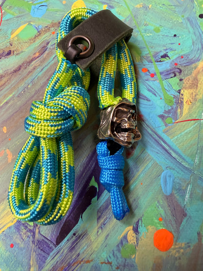 Neon Green & Blue Paracord EDC - Frameless Slingshot w/ Reaper Charm - Green Leather