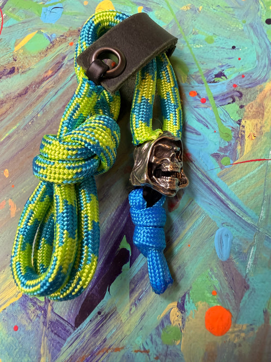 Neon Green & Blue Paracord EDC - Frameless Slingshot w/ Reaper Charm - Green Leather