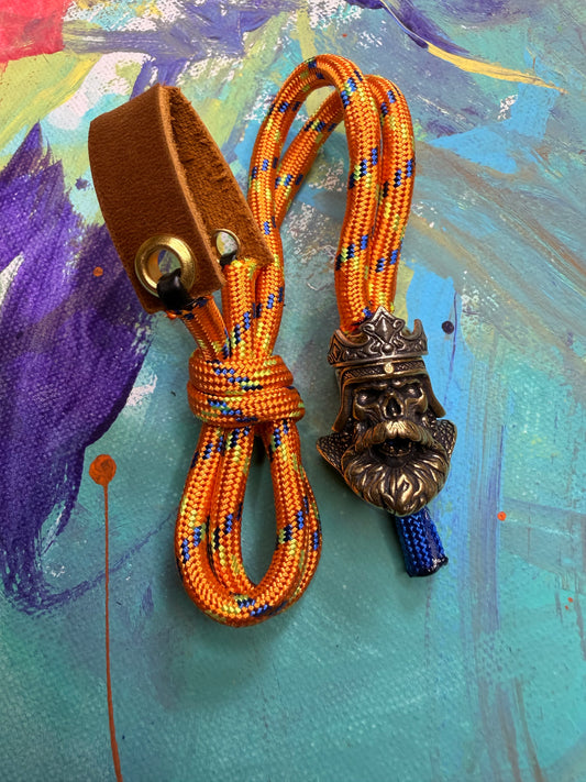 Neon Orange & Blue Paracord EDC - Frameless Slingshot w/ Bearded King Charm - Genuine Leather