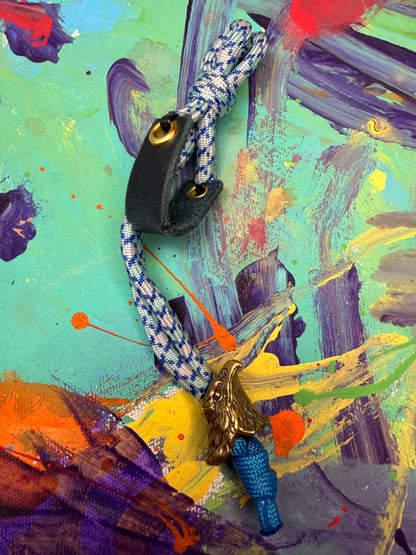 Blue & White Paracord EDC - Frameless Slingshot w/ Eagle Head - Blue Leather