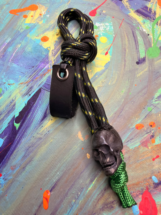 Black & Yellow Paracord EDC - Frameless Slingshot w/ Black Skull Charm- Black Leather
