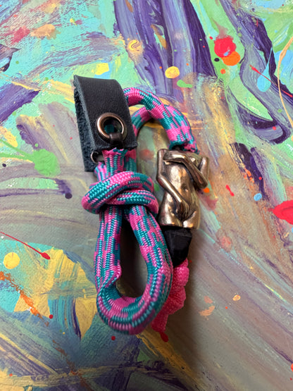 Pink & Blue Paracord EDC - Frameless Slingshot w/ Naked Lady Charm - Blue Leather