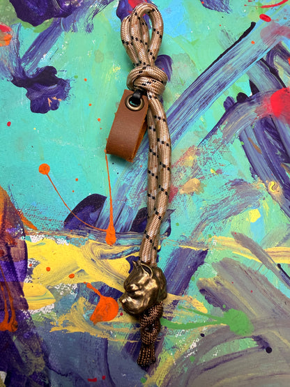 Tan & Brown Paracord EDC - Frameless Slingshot w/ Dog Charm - Genuine Leather