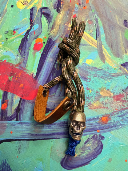 **Paul Custom** Green Camo & Blue Paracord EDC - Frameless Slingshot w/ Skull Charm - Genuine Leather