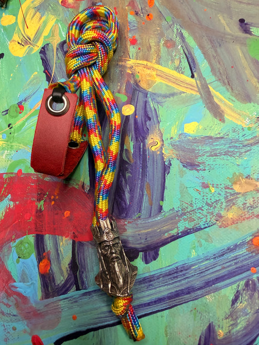 Rainbow Paracord EDC - Frameless Slingshot w/ Bearded King Charm - Red Leather