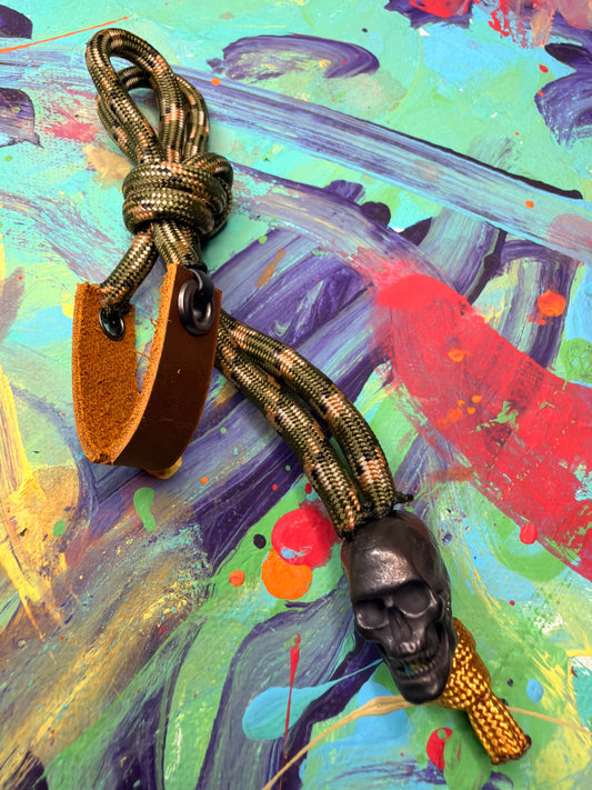Green Camo Paracord EDC - Frameless Slingshot w/ Black Skull Charm- Genuine Leather