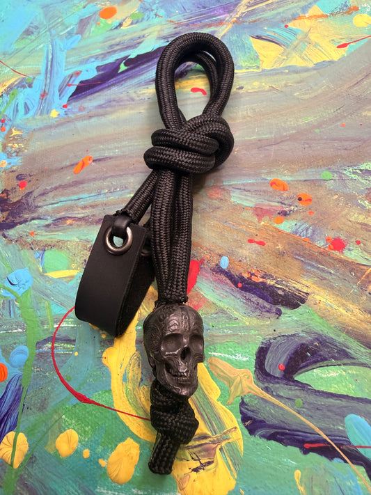 Black on Black Paracord EDC - Frameless Slingshot w/ Black Skull Charm- Black Leather