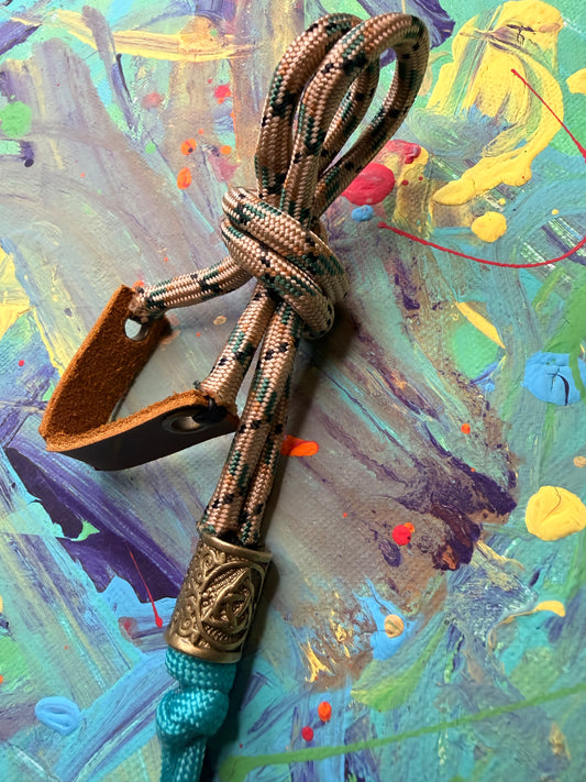 Tan & Green Paracord EDC - Frameless Slingshot w/ Nordic Charm - Genuine Leather
