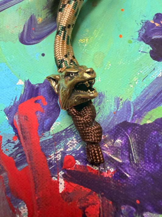 Tan & Green Paracord EDC - Frameless Slingshot w/ Wolf Charm - Brown Leather
