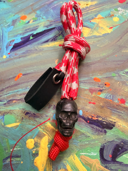 Red & White Paracord EDC - Frameless Slingshot w/ Black Skull Charm- Black Leather