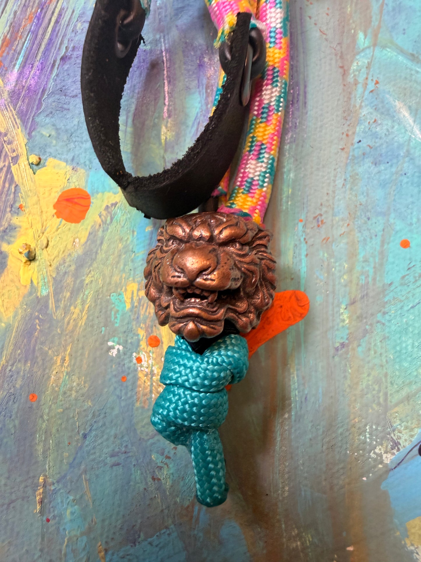 Pink/Yellow/Blue Paracord EDC - Frameless Slingshot w/ Tiger Charm - Black Leather