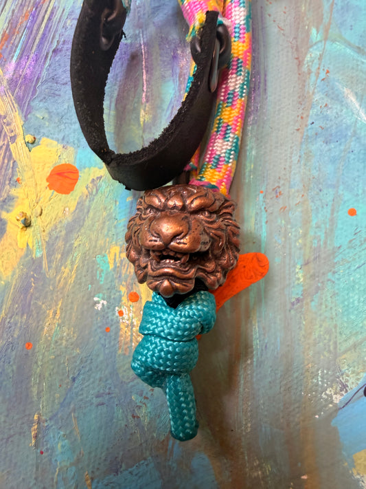 Pink/Yellow/Blue Paracord EDC - Frameless Slingshot w/ Tiger Charm - Black Leather