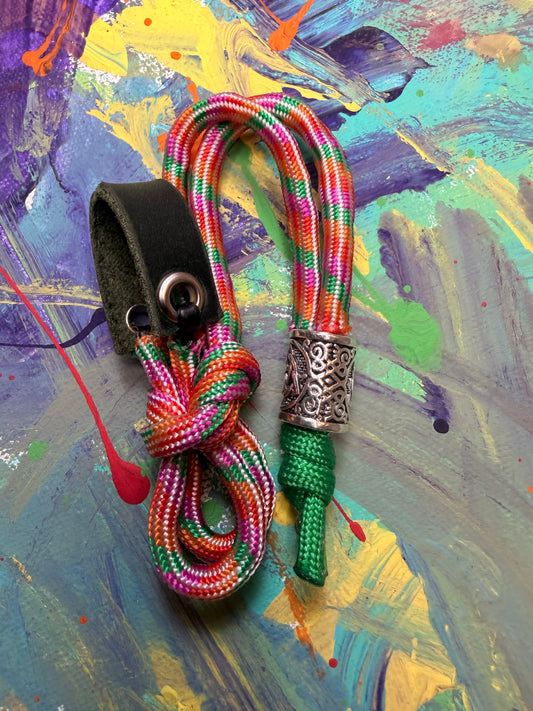 Multicolored Paracord EDC - Frameless Slingshot w/ Nordic Charm - Green Leather