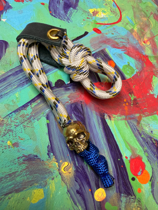 White & Blue Paracord EDC - Frameless Slingshot w/ Jawless Skull Charm - Blue Leather