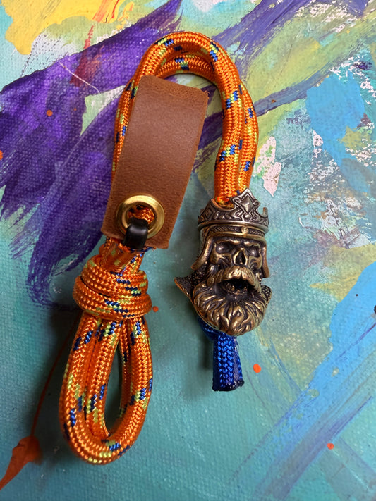 Neon Orange & Blue Paracord EDC - Frameless Slingshot w/ Bearded King Charm - Genuine Leather