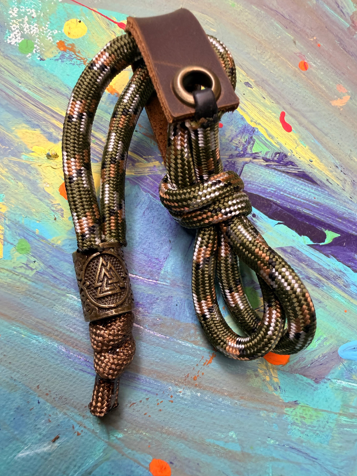 Green Camo Paracord EDC - Frameless Slingshot w/ Nordic Charm - Genuine Leather