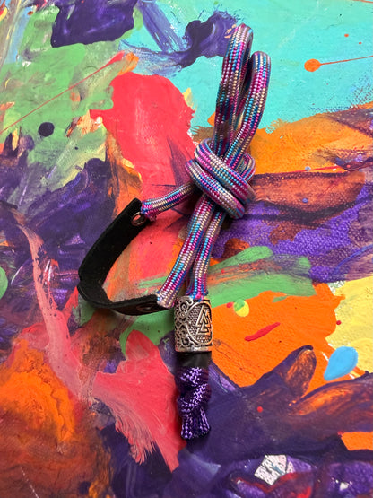 Purple & Pink Paracord EDC - Frameless Slingshot w/ Nordic Charm - Black Leather
