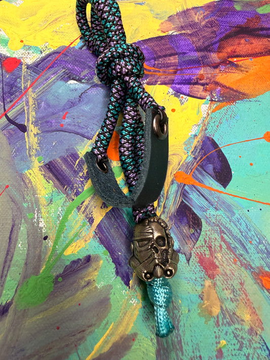 Purple & Blue Paracord EDC - Frameless Slingshot w/ Storm Trooper Charm - Blue Leather